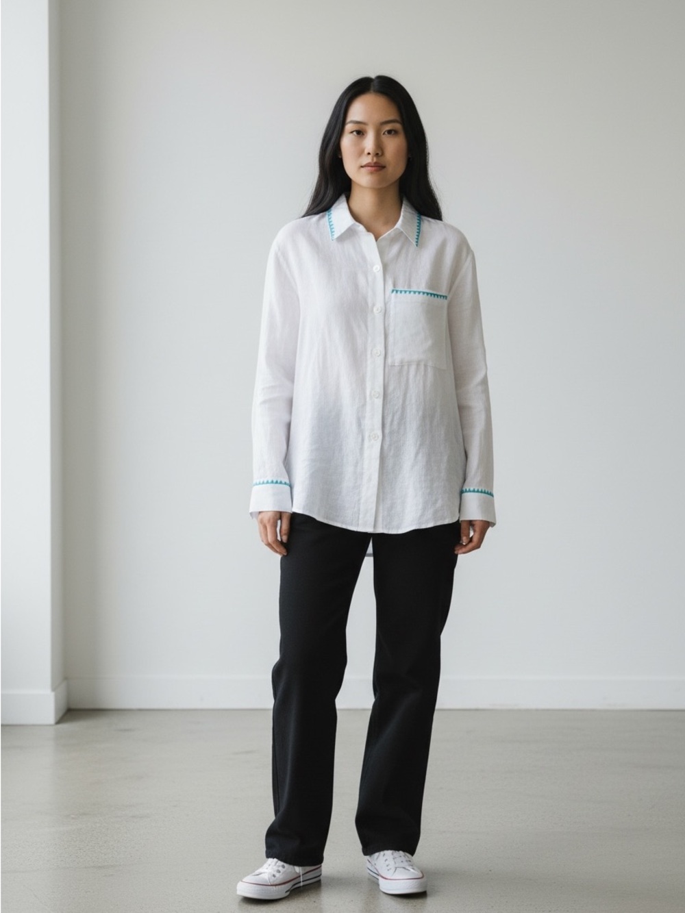 Soft Surroundings Marisol Button Front Tunic White Turquoise Linen Top Sz. Small